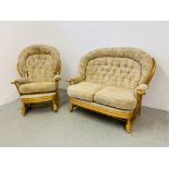 AN ERCOL STYLE COTTAGE SUITE WITH BEECH WOOD FRAME COMPRISING OF 2 SEATER SOFA AND ROCKING CHAIR