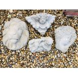 A CHERUB DETAIL WALL MOUNT PLANTING POCKET, A CLASSIC FEMALE HEAD WALL MOUNT PLANTING POCKET,