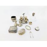 COLLECTION OF VINTAGE SILVER COMPRISING PAIR OF CANDLE STICKS, SILVER BACKED BRUSH AND MIRROR,