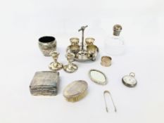 COLLECTION OF VINTAGE SILVER COMPRISING PAIR OF CANDLE STICKS, SILVER BACKED BRUSH AND MIRROR,