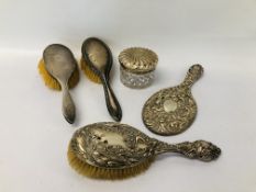 2 X SILVER BARKED BRUSHES, ART NOUVEAU SILVER BACKED BRUSH AND MIRROR,