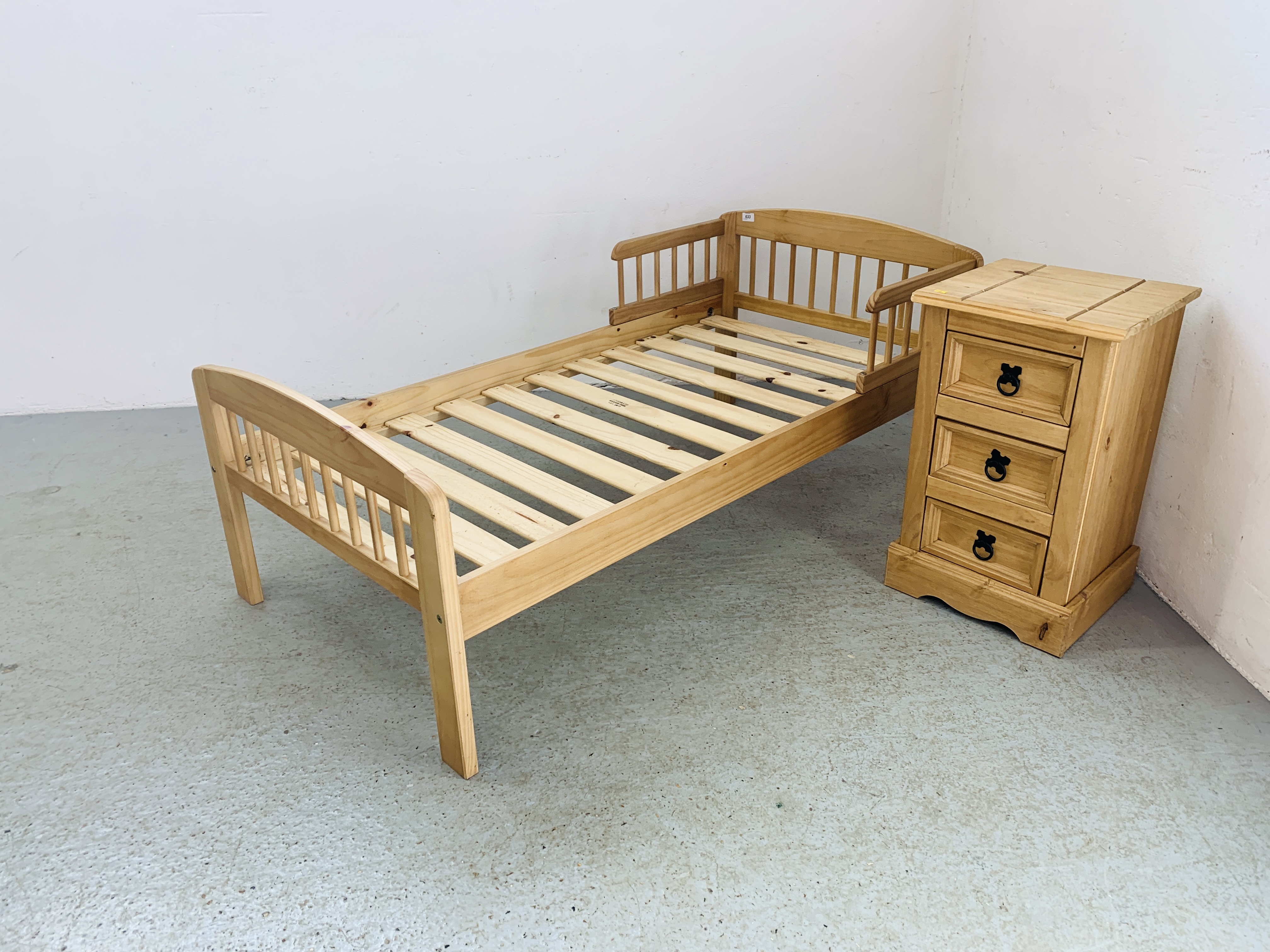 A CHILD'S SOLID PINE "FIRST BED" AND MEXICAN PINE THREE DRAWER BEDSIDE CHEST - Image 2 of 5