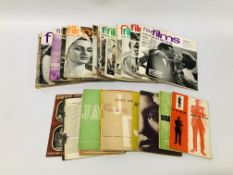 COLLECTION OF VINTAGE 1960'S JAZZ & FILM MAGAZINES IN AN OAK CUTLERY TRAY WITH BRASS BANDING