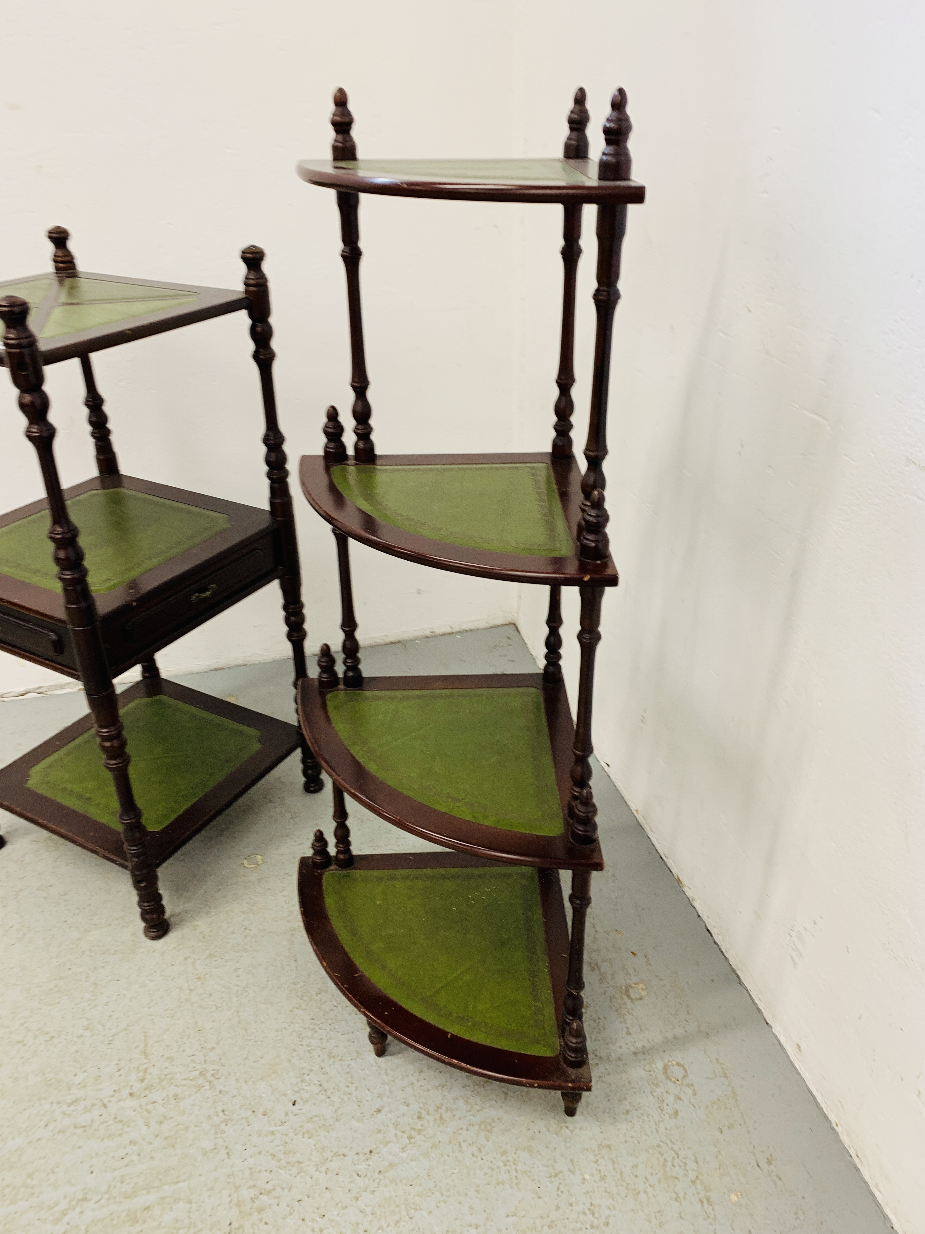 A REPRODUCTION MAHOGANY FINISH 4 TIER WOT-NOT WITH GREEN TOOLED LEATHER INSERT AND MATCHING 3 TIER - Image 3 of 6