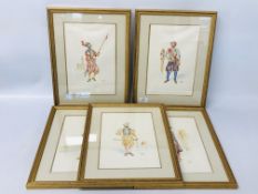 SET OF 5 FRAMED WATERCOLOURS DEPICTING GENTLEMEN IN PERIOD BATTLE COSTUME BEARING SIGNATURE D.