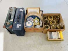 TWO VINTAGE SUITCASES, SIX STONEWARE JARS, TWO BRASSED OIL LAMPS, ASSORTED DECORATIVE CERAMICS,