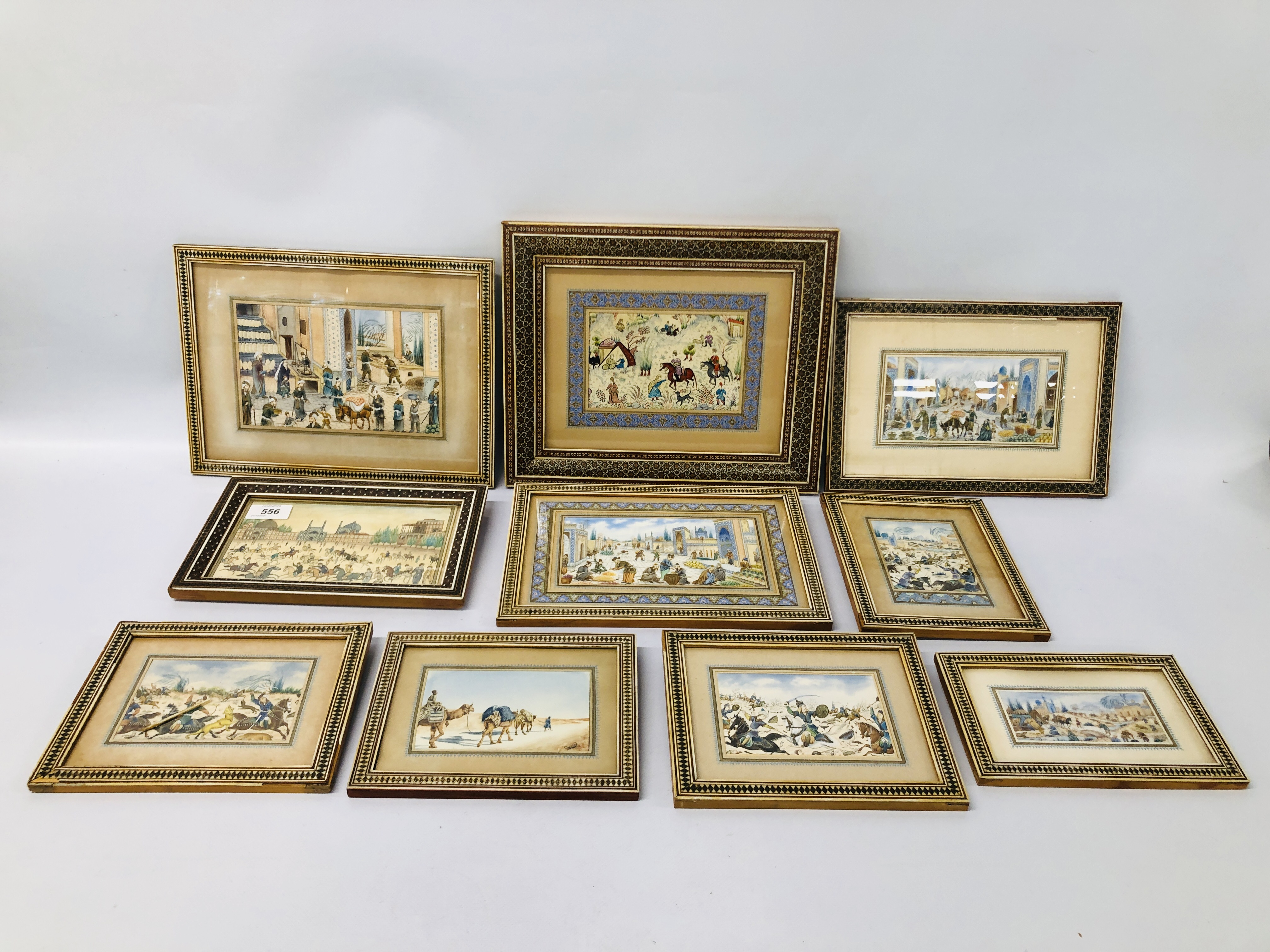 COLLECTION OF 10 VINTAGE PERSIAN PICTURE FRAMES INLAID WITH MICRO MOSAIC IN GEOMETRIC DESIGN,