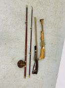 A REPLICA WALL HANGING GUN DISPLAYS AND VINTAGE FISHING ROD