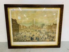 A LARGE FRAMED HAND COLOURED ENGRAVING OF BOSTON, MAY SHEEP FAIR IN OAK FRAME 75 CM X 60 CM.