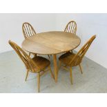 AN ERCOL STYLE BLONDE FINISH CIRCULAR DROP FLAP DINING TABLE & FOUR HOOP BACK DINING CHAIRS (2 A/F