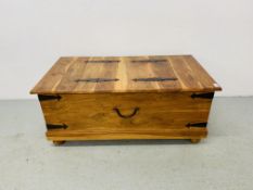 A MODERN HARD WOOD CHEST WITH METAL CRAFT HINGE AND DETAIL