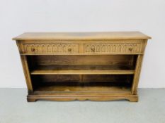 A GOOD QUALITY REPRO OAK 2 DRAWER BOOKSHELF - W 137CM. D 28CM. H 82CM.