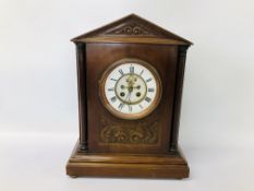 A MAHOGANY CASED MANTEL CLOCK WITH ENAMELLED DIAL,