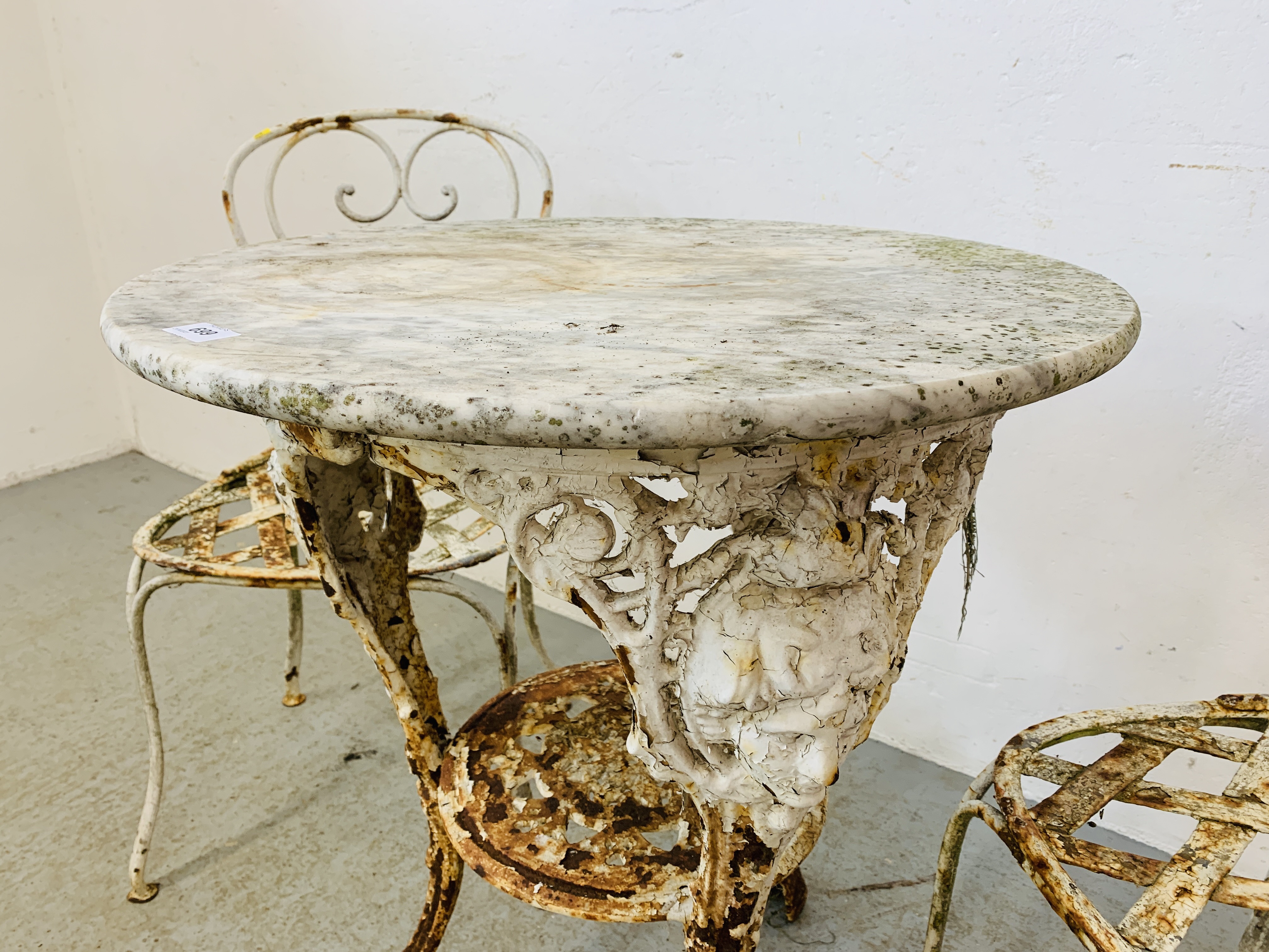 AN OLD DECORATIVE CAST BASE PUB TABLE WITH MARBLE TOP ALONG WITH 2 WROUGHT METAL GARDEN CHAIRS - - Image 3 of 11