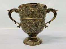 A SILVER 2 HANDLED TROPHY CUP, THE BOWL WITH FLOWER HEADS AND SCROLLS 17.