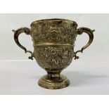 A SILVER 2 HANDLED TROPHY CUP, THE BOWL WITH FLOWER HEADS AND SCROLLS 17.