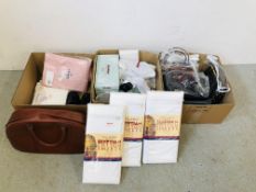 3 X BOXES OF ASSORTED DESIGNER HANDBAGS AND SHOES, HOUSEHOLD LINEN, HATS AND HATBOX ETC.