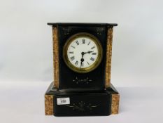 A SLATE AND MARBLE MANTEL TIMEPIECE COMPLETE WITH PENDULUM H 29CM,