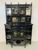 AN EDWARDIAN BLACK PAINTED MIRROR BACK DRESSER WITH HAND PAINTED FLORAL AND BIRD DESIGNS TO PANELS