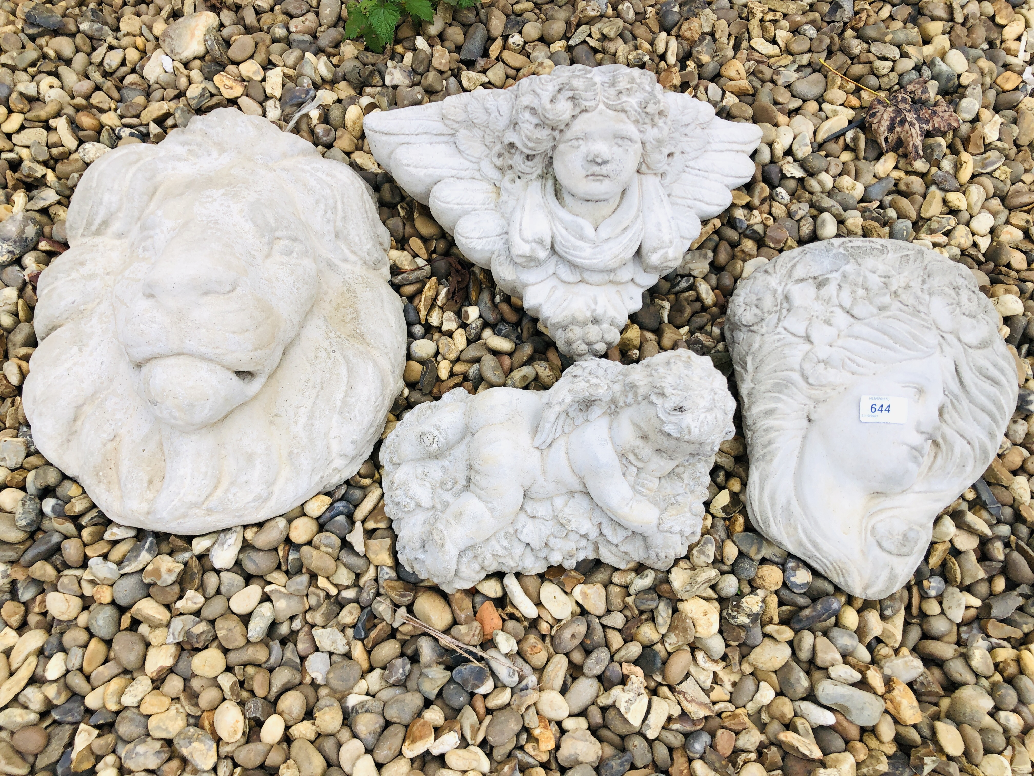 A CHERUB DETAIL WALL MOUNT PLANTING POCKET, A CLASSIC FEMALE HEAD WALL MOUNT PLANTING POCKET,