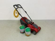 A MOUNTFIELD "PRINCESS 34" ELECTRIC LAWN MOWER WITH GRASS COLLECTOR AND TWO 5 LITRE CANS OF