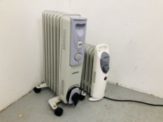 2 DAEWOO OIL FITTED ELECTRIC HEATERS, WHEELED HEATER H 54CM, W 32CM, SMALLER HEATER H 35CM,