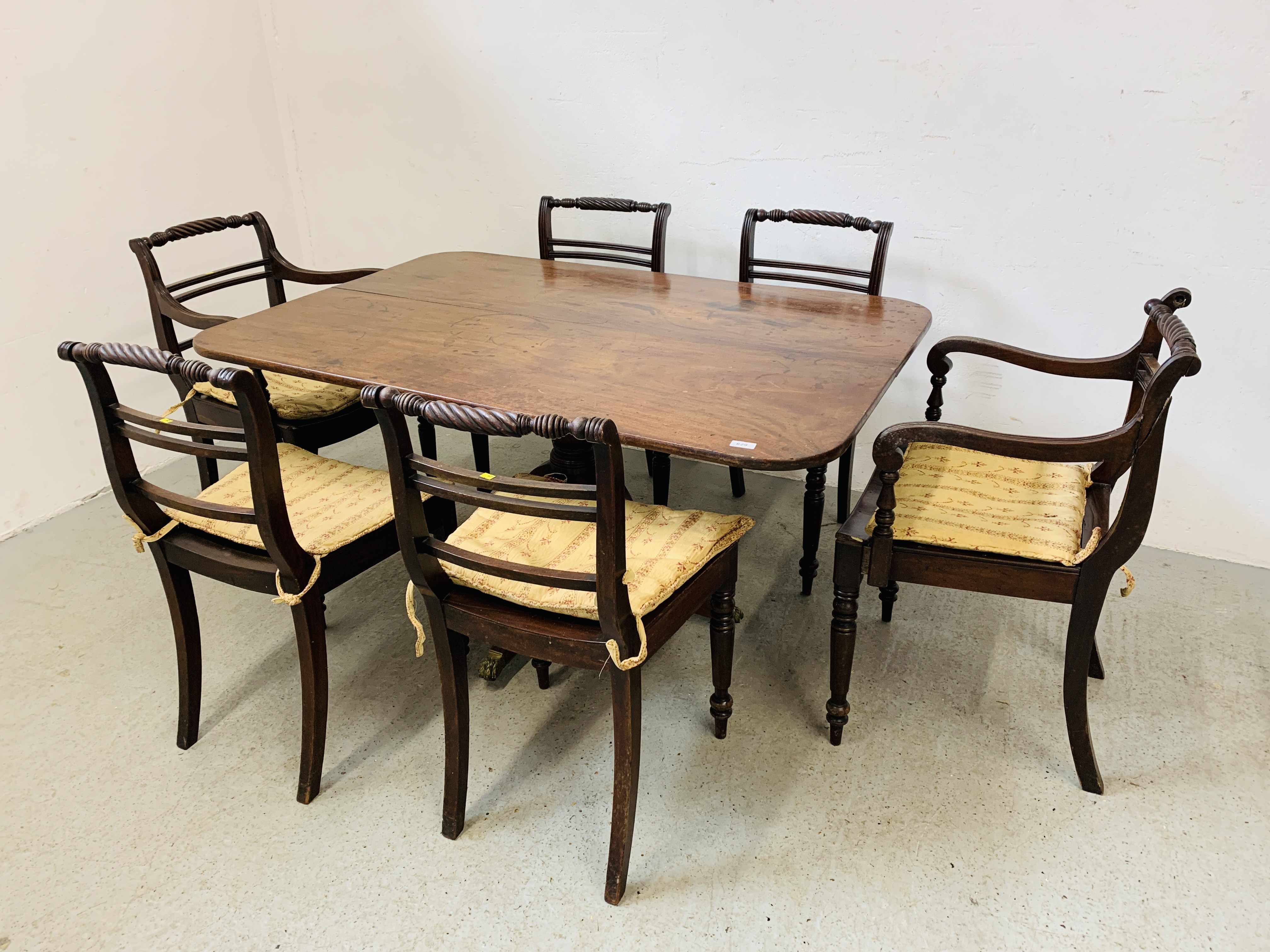 A SET OF 6 REGENCY MAHOGANY ROPE BACK DINING CHAIRS, 4 SIDE 2 CARVER, (1 CARVER A/F,