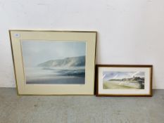 A FRAMED AND MOUNTED JOHN BOND PRINT "RUNTON BEACH" 97/500 SIGNED BY ARTIST 37 X 51CM ALONG WITH A