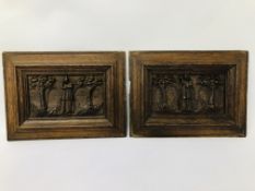 PAIR OF VINTAGE CARVED OAK PANELS (POSSIBLY BOOK BOARDS) - L 30.5CM X H 23CM.