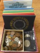 BOX OF MIXED COINS, £5 CROWNS (2), UK PROOF SETS 1972-7 INCLUSIVE, 1983 UNCIRCULATED SET (2) ETC.