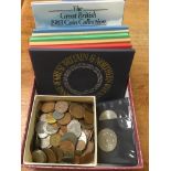 BOX OF MIXED COINS, £5 CROWNS (2), UK PROOF SETS 1972-7 INCLUSIVE, 1983 UNCIRCULATED SET (2) ETC.