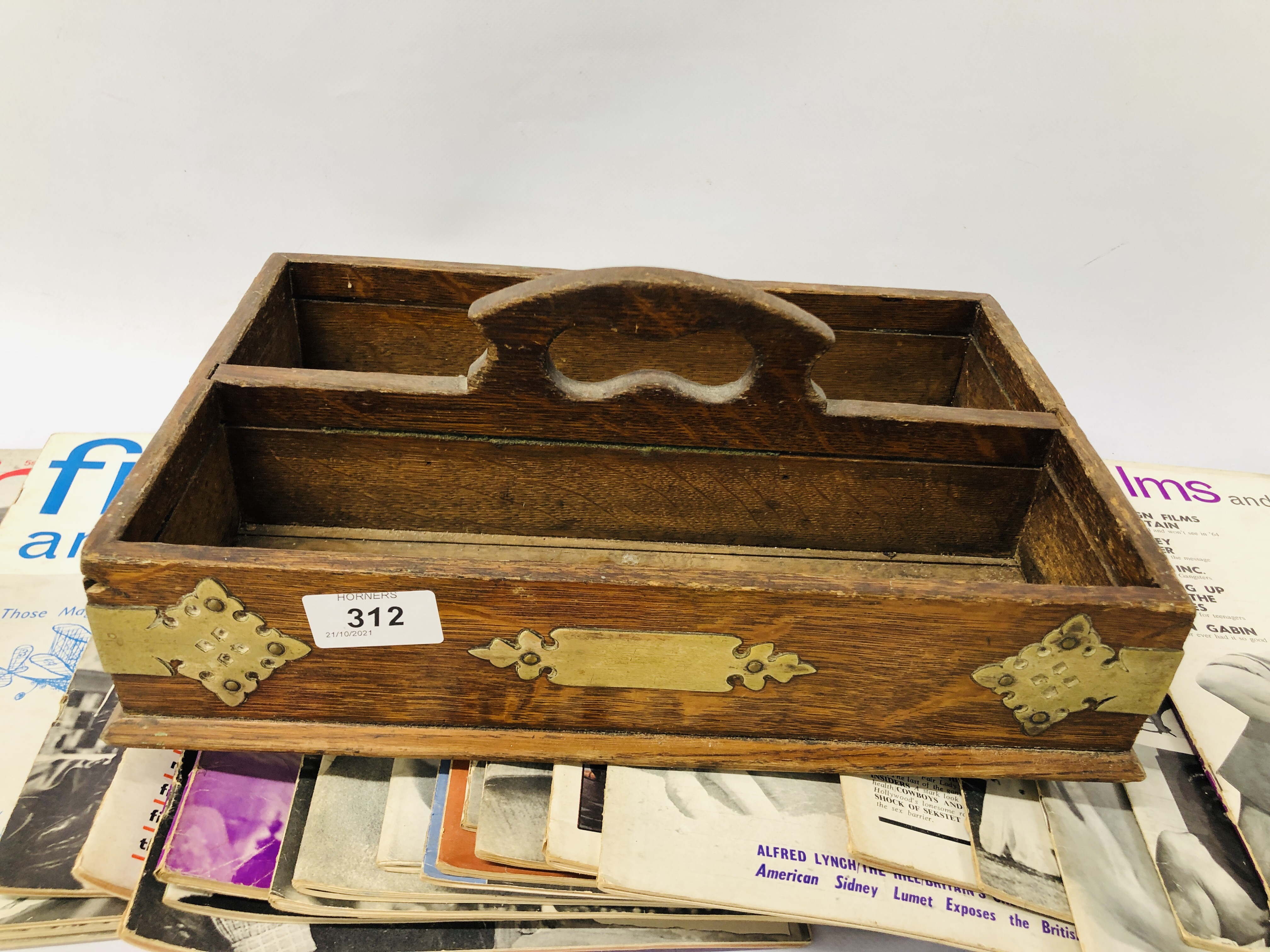 COLLECTION OF VINTAGE 1960'S JAZZ & FILM MAGAZINES IN AN OAK CUTLERY TRAY WITH BRASS BANDING - Image 7 of 7