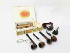 7 X ASSORTED SINGLE CIGARS ALONG WITH 6 VINTAGE PIPES AND A PAIR OF SPECTACLES