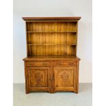 AN EDWARDIAN OAK TWO DRAWER SIDEBOARD WITH LATER DRESSER UPSTAND W 137CM, D 47CM,