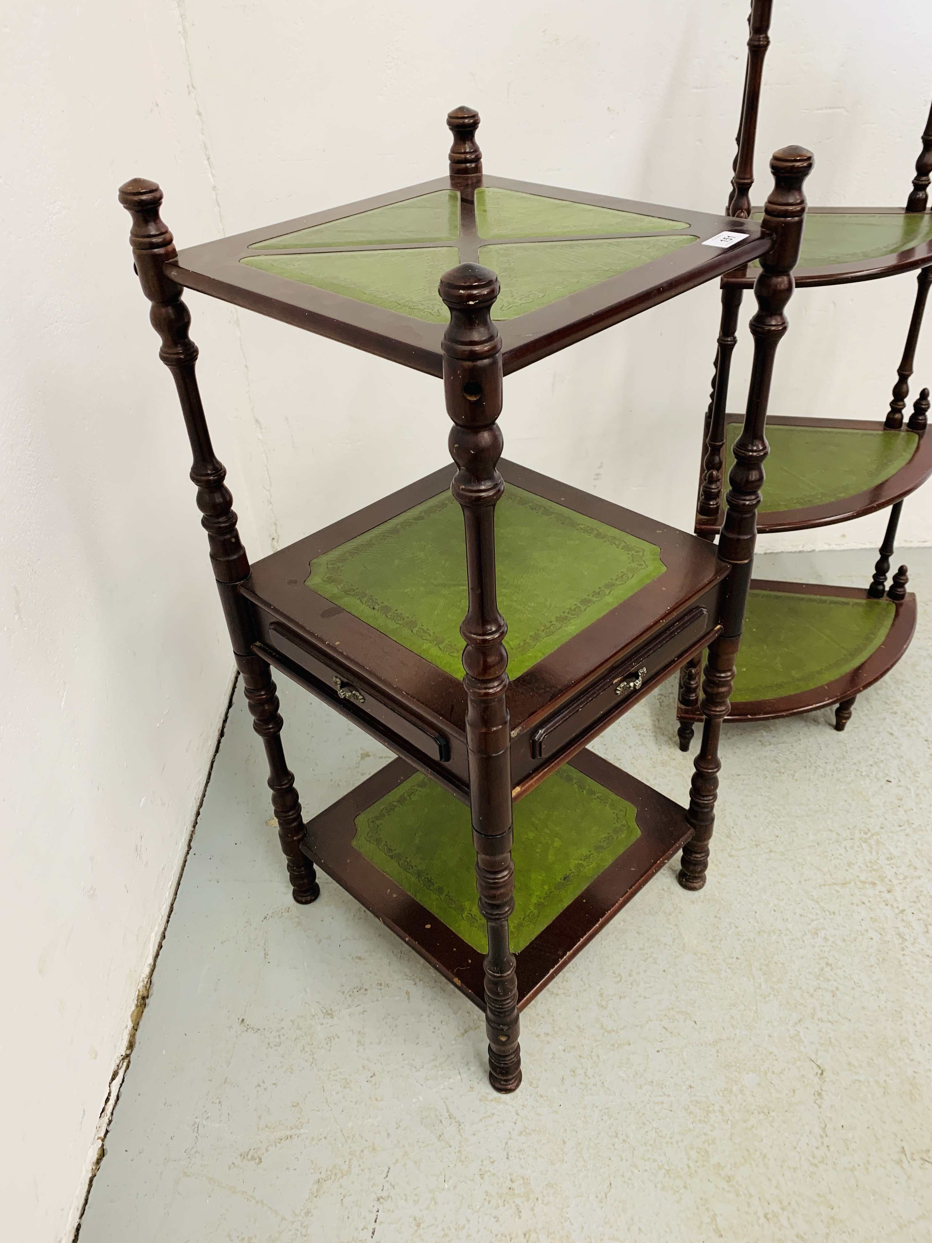 A REPRODUCTION MAHOGANY FINISH 4 TIER WOT-NOT WITH GREEN TOOLED LEATHER INSERT AND MATCHING 3 TIER - Image 6 of 6