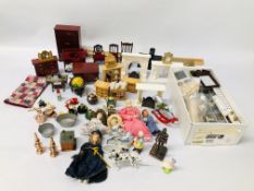 A LARGE PLASTIC BOX CONTAINING EXTENSIVE COLLECTION OF DOLLS HOUSE FURNITURE