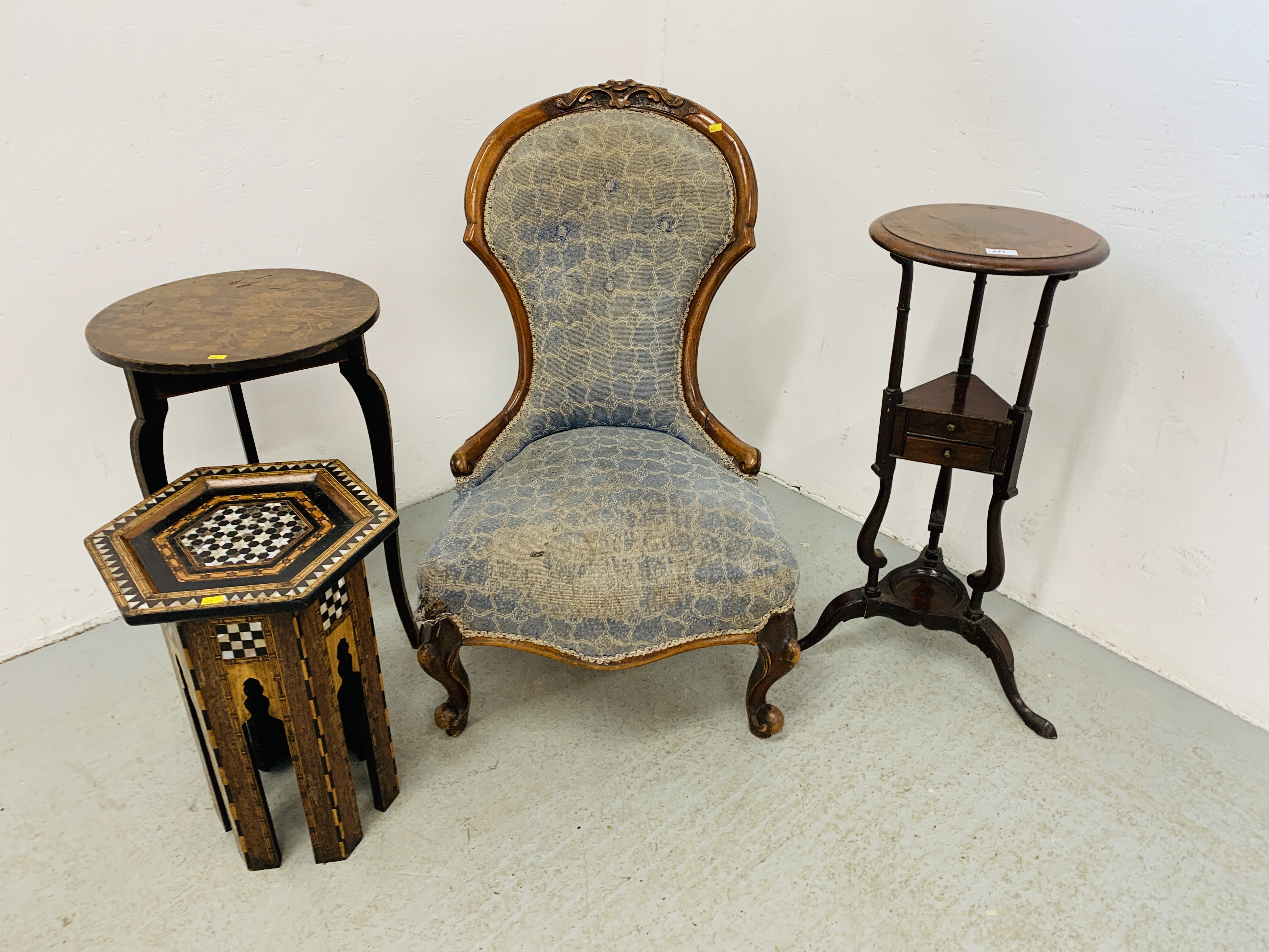 A VICTORIAN OAK FRAMED NURSING CHAIR A/F, CIRCULAR TOPPED MAHOGANY SHAVING STAND A/F,