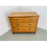 A SOLID LIGHT OAK THREE DRAWER CHEST WITH BRASS FITTINGS W 99CM, D 45CM,