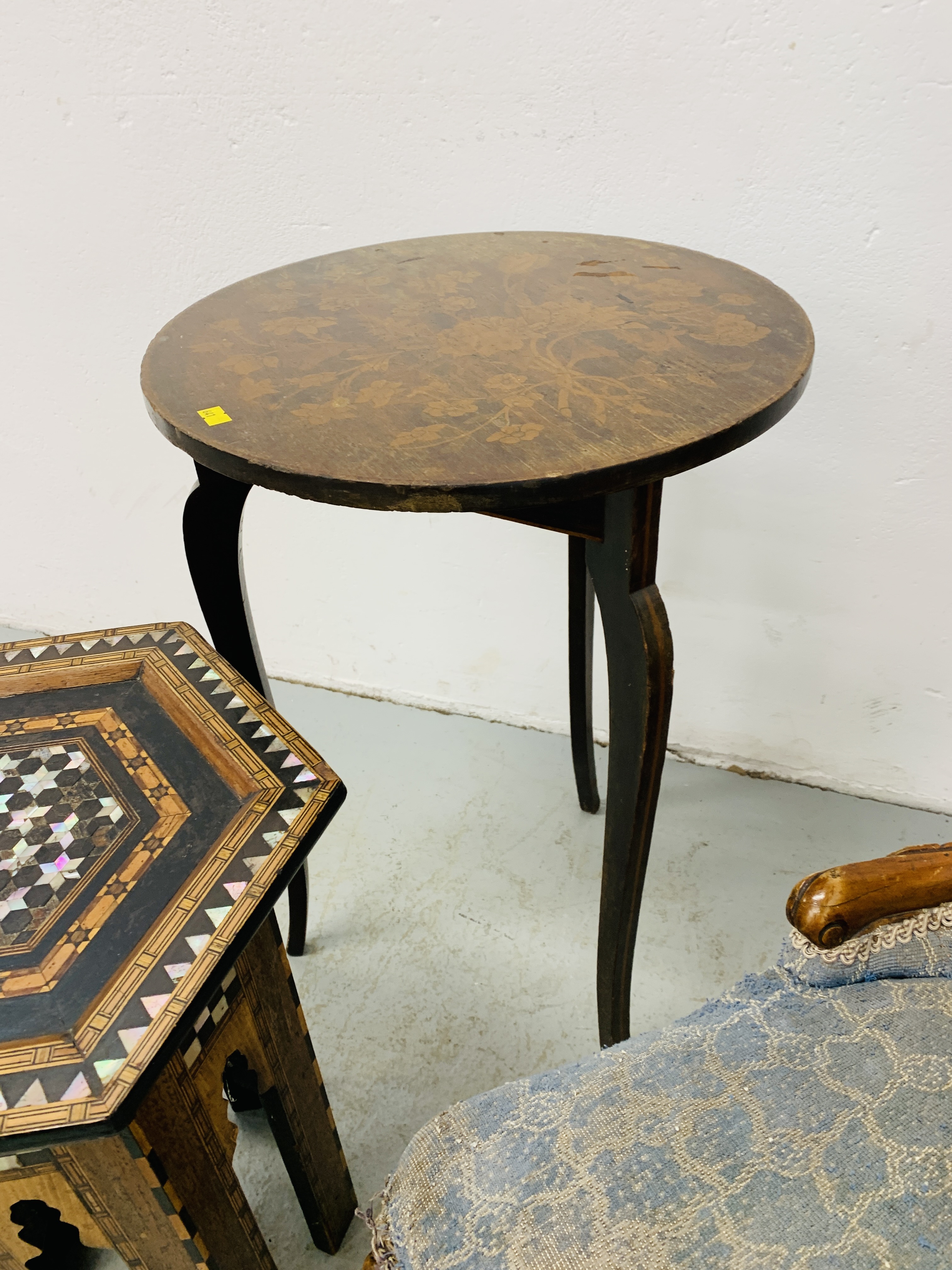 A VICTORIAN OAK FRAMED NURSING CHAIR A/F, CIRCULAR TOPPED MAHOGANY SHAVING STAND A/F, - Image 9 of 9