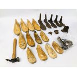 BOX OF ASSORTED VINTAGE METAL AND WOODEN SHOE LASTS ALONG WITH A BAG OF VINTAGE COBBLERS TOOLS ETC.