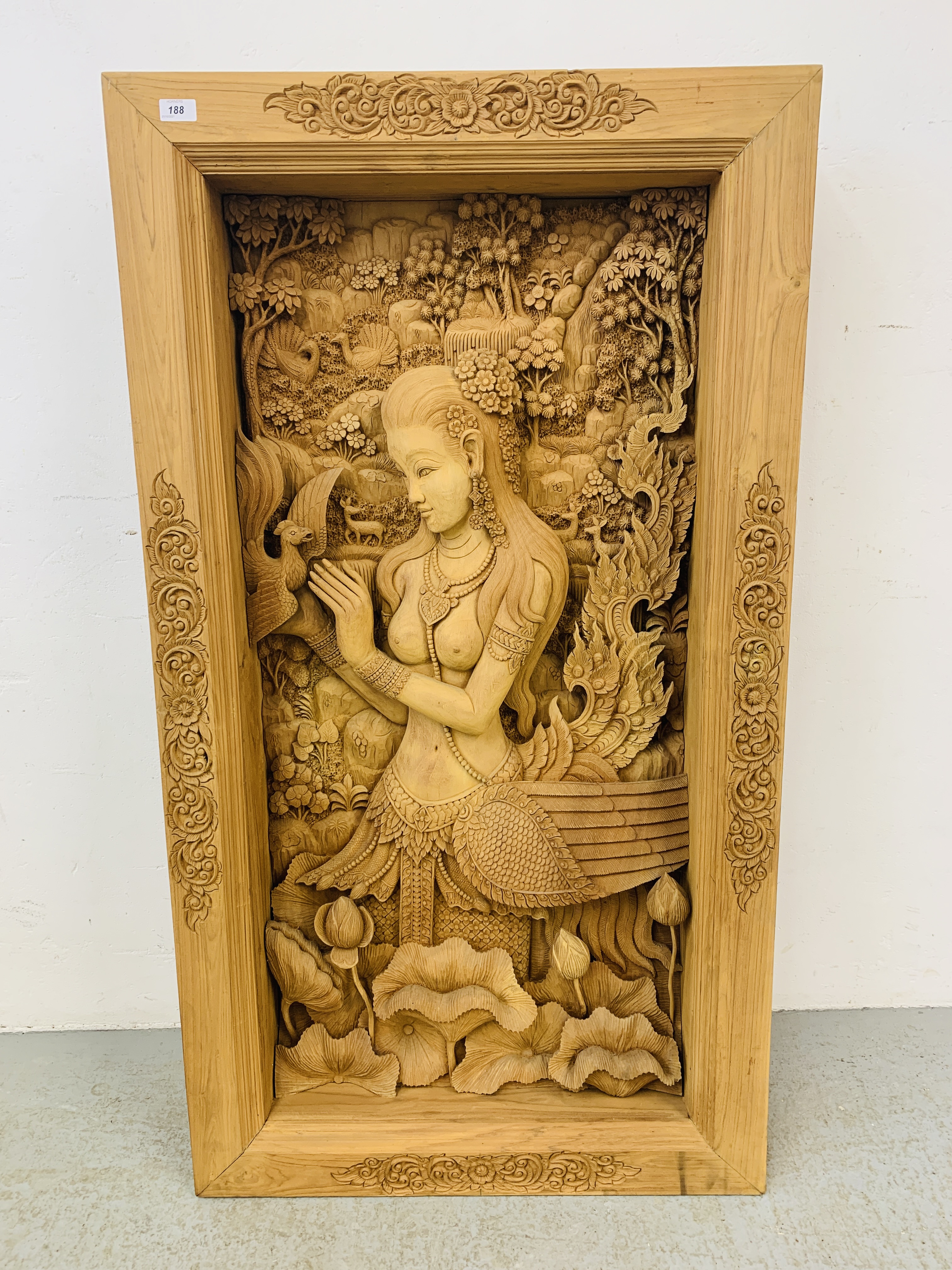 AN IMPRESSIVE ASIAN HAND CARVED TEAK THREE DIMENSIONAL PANEL OF GIRL WITH BIRDS AND FOLIAGE - - Image 2 of 10