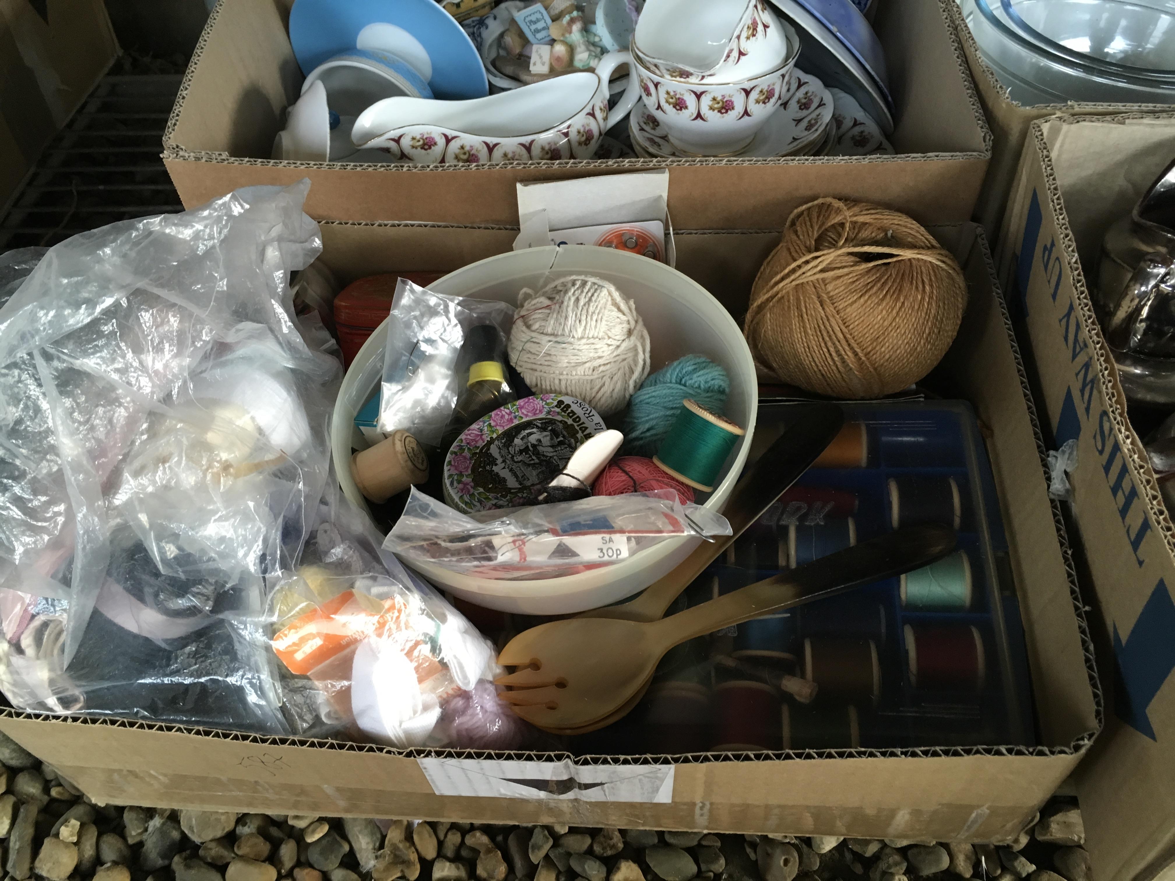 13 X BOXES OF ASSORTED HOUSEHOLD SUNDRIES TO INCLUDE SEWING ACCESSORIES, CHINA, KITCHENWARE, - Image 2 of 20
