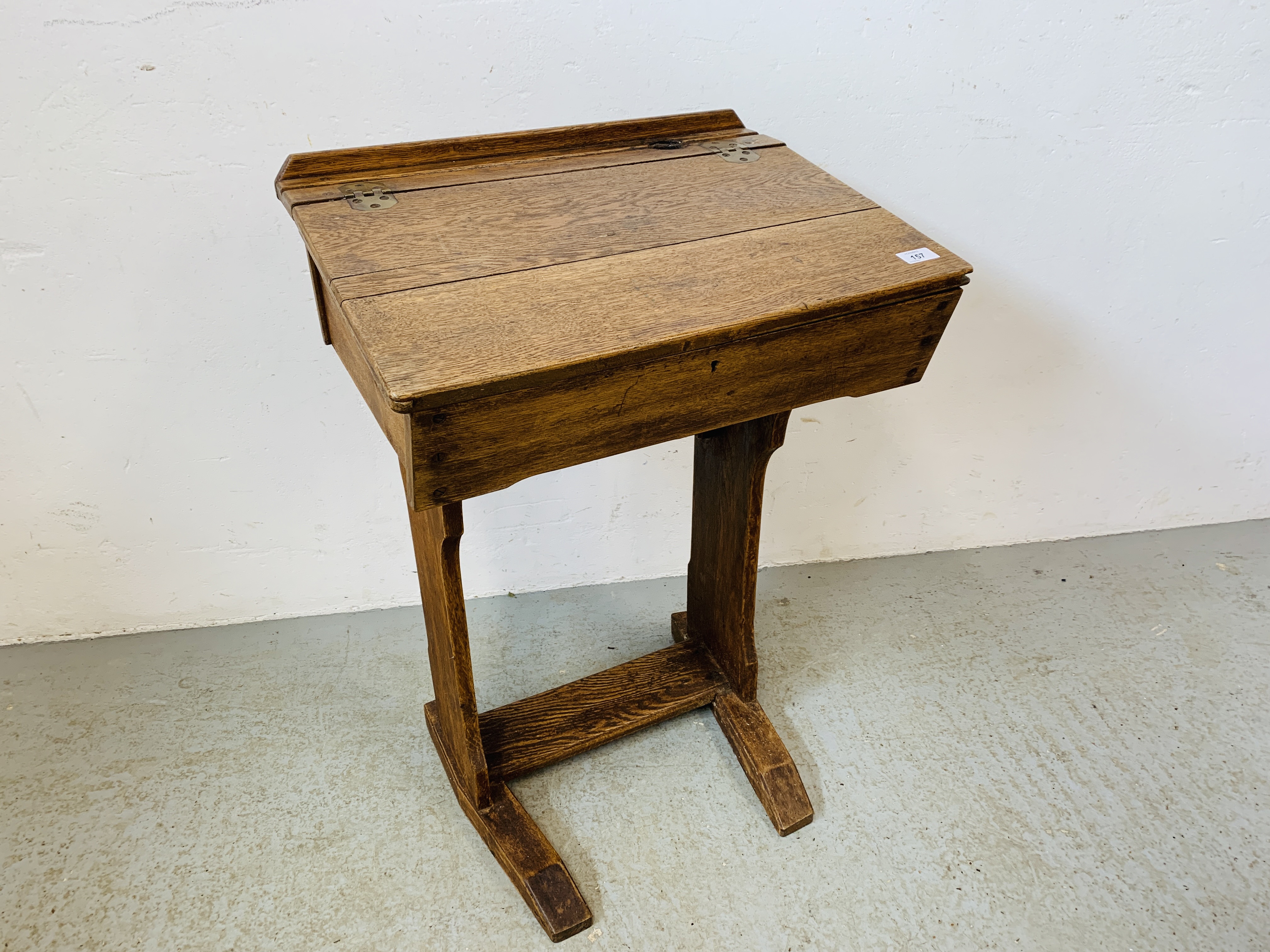 A VINTAGE OAK SCHOOL DESK