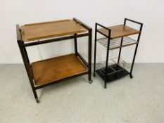 A METAL FRAMED DANISH STYLE RETRO TROLLEY ALONG WITH A RETRO WOODEN FRAMED TEA TROLLEY WITH