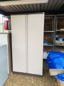 A TRIUMPH STEEL TWO DOOR LOCKABLE SHELVED WORKSHOP CABINET (KEY WITH AUCTIONEER)