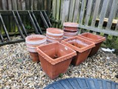 3 TERRACOTTA SQUARE TOP GARDEN PLANTERS ALONG WITH A COLLECTION OF TERRACOTTA POTS