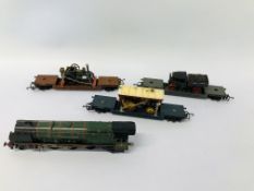 A HORNBY DUBO MECCANO 00 GAUGE DUCHESS OF MONTROSE LOCOMOTIVE & 3 TRIANG 00 GAUGE WAGONS WITH CARGO