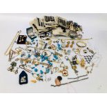 BOX OF ASSORTED VINTAGE BUTTONS AND BOBBINS ALONG WITH A TRAY OF ASSORTED COSTUME JEWELLERY,