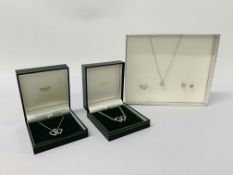 A STERLING SILVER PENDANT NECKLACE, EARRINGS AND RING SET.