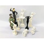 A GROUP OF NINE DECORATIVE FIGURES TO INCLUDE ALABASTER BALLERINA HEIGHT 37CM,